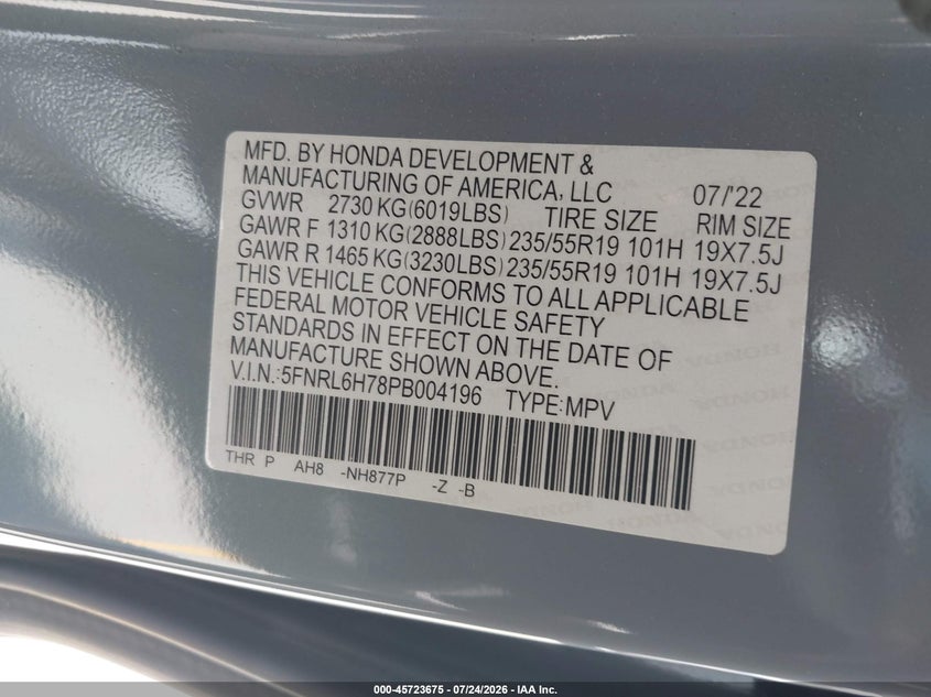 2023 Honda Odyssey VIN 5FNRL6H78PB004196 IAAI salvage auction — LEFT SIDE, Wait Title, sold $17,000 on 2026-08-03 (photo 9)