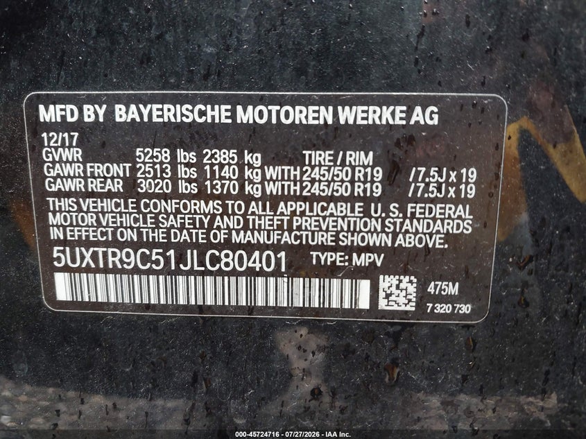 2018 BMW X3 VIN 5UXTR9C51JLC80401 IAAI salvage auction — FRONT END, Salvage (Illinois), sold $9,500 on 2026-08-29 (photo 9)