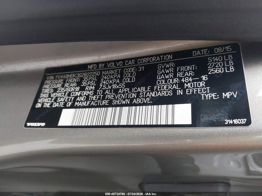 2016 Volvo Xc60 VIN YV449MDK3G2822250 IAAI salvage auction — NORMAL WEAR, Wait Title, sold $425 on 2026-08-12 (photo 9)