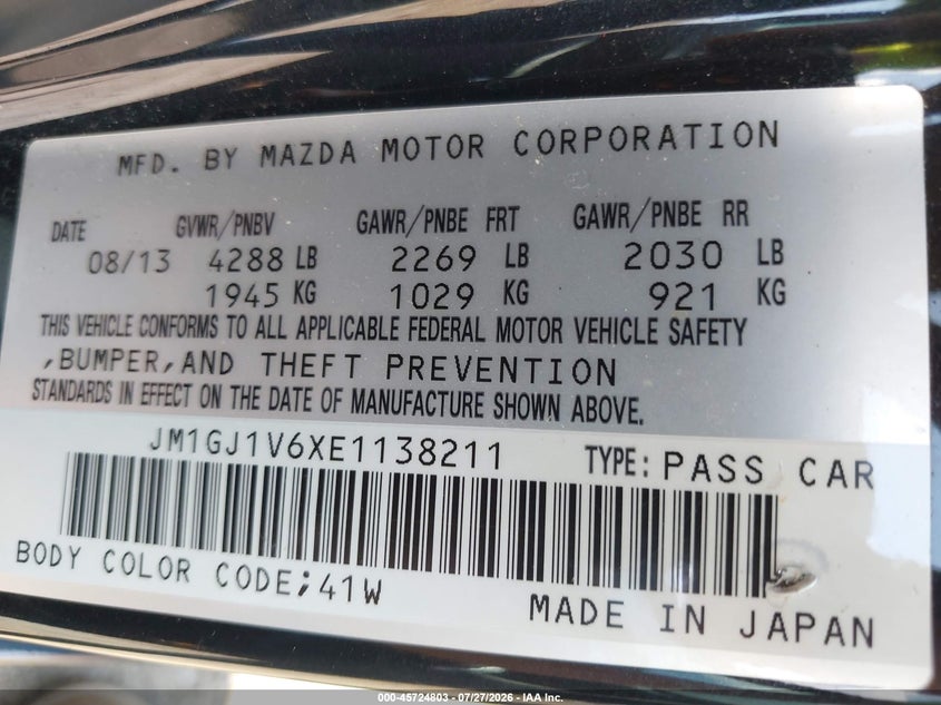 2014 Mazda 6 VIN JM1GJ1V6XE1138211 IAAI salvage auction — LEFT FRONT, Salvage Title, sold $1,350 on 2026-09-04 (photo 9)