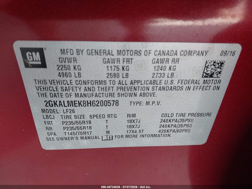 2017 Gmc Terrain VIN 2GKALMEK8H6200578 IAAI salvage auction — LEFT SIDE, Salvage Title, sold $2,150 on 2026-08-22 (photo 9)