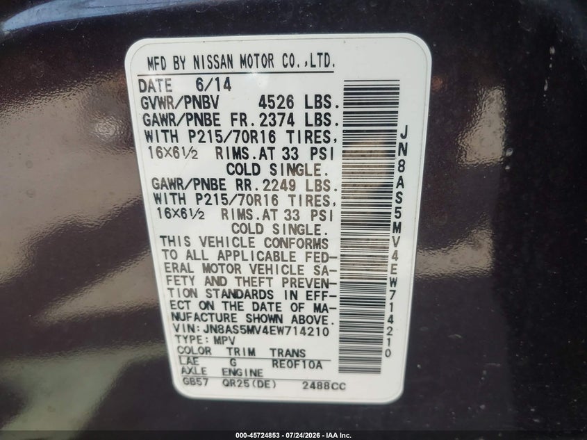 2014 Nissan Rogue VIN JN8AS5MV4EW714210 IAAI salvage auction — NORMAL WEAR, Clear (Maryland), sold $125 on 2026-07-28 (photo 9)