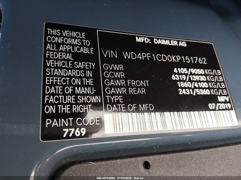 2019 Mercedes-benz Sprinter VIN WD4PF1CD0KP151762 IAAI salvage auction — FRONT END, Clear (Florida), sold $3,250 on 2026-07-28 (photo 9)