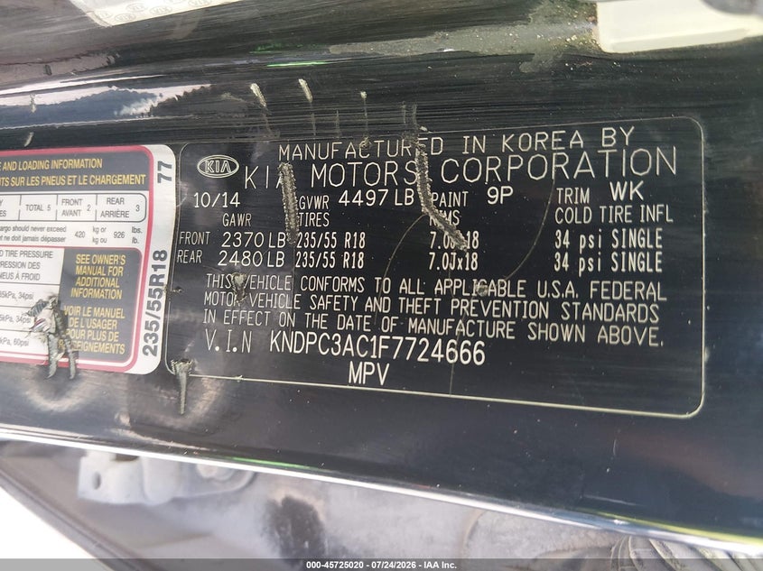 2015 Kia Sportage VIN KNDPC3AC1F7724666 IAAI salvage auction — MECHANICAL, Clear (Florida), sold $1,550 on 2026-07-28 (photo 9)