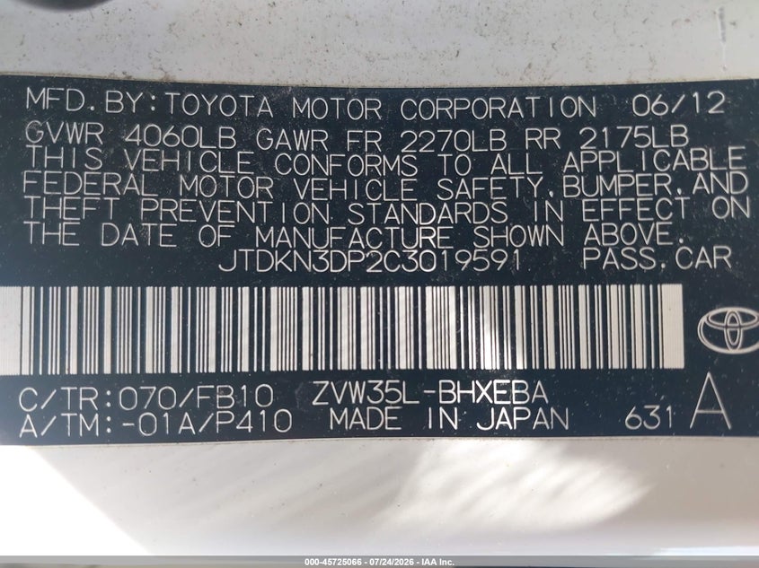 2012 Toyota Prius VIN JTDKN3DP2C3019591 IAAI salvage auction — NORMAL WEAR, Wait Title, sold $3,775 on 2026-07-31 (photo 9)