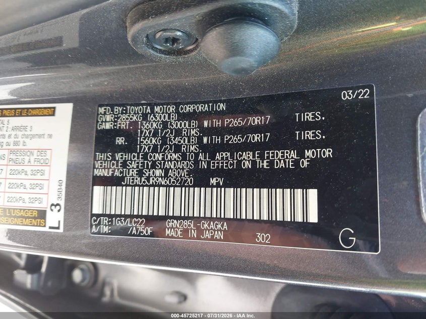 2022 Toyota 4runner VIN JTERU5JR9N6052720 IAAI salvage auction — SIDE, Salvage Title, sold $16,350 on 2026-08-21 (photo 9)