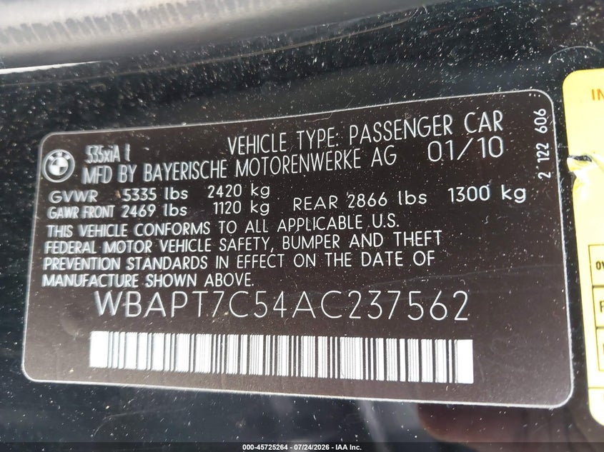 2010 BMW 5 series VIN WBAPT7C54AC237562 IAAI salvage auction — FRESH WATER, Clear (Virginia), sold $2,800 on 2026-08-03 (photo 9)