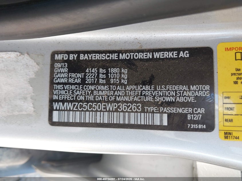 2014 Mini Countryman VIN WMWZC5C50EWP36263 IAAI salvage auction — NORMAL WEAR, Affidavit In Lieu Of Title - Non-Public (Washington), sold $1,925 on 2026-08-05 (photo 9)