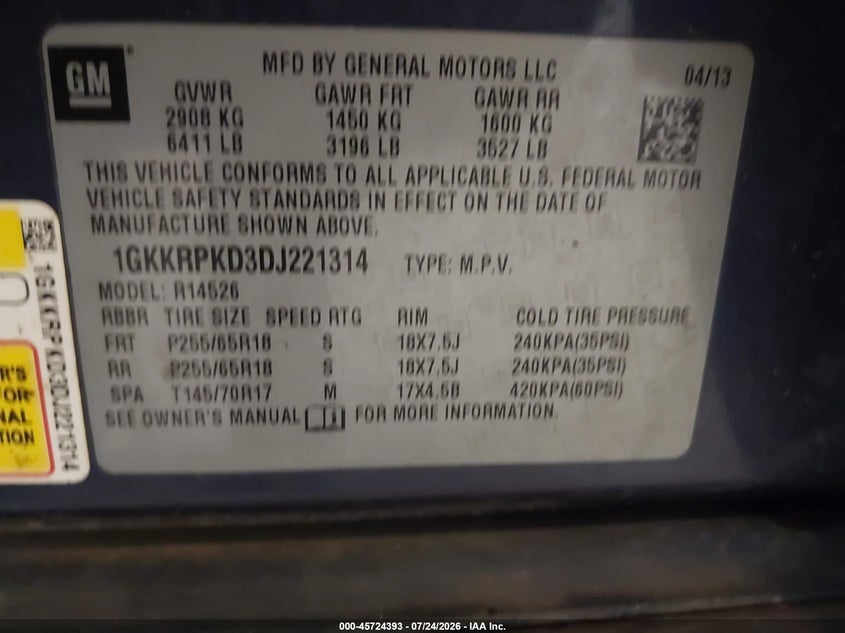 2013 Gmc Acadia VIN 1GKKRPKD3DJ221314 IAAI salvage auction — NORMAL WEAR, Repossession Paperwork (Georgia), sold $400 on 2026-09-02 (photo 9)