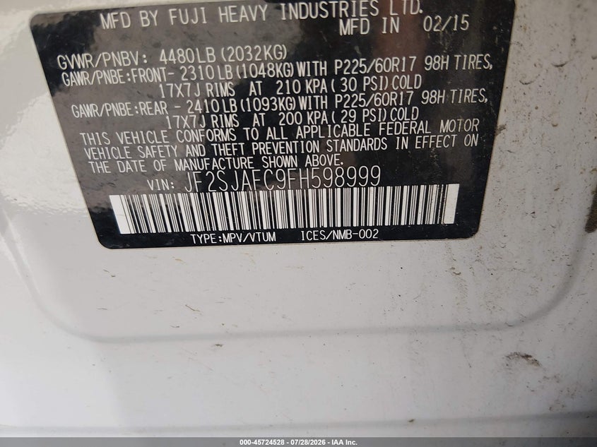 2015 Subaru Forester VIN JF2SJAFC9FH598999 IAAI salvage auction — NORMAL WEAR, Regular (Nevada), sold $725 on 2026-07-31 (photo 9)