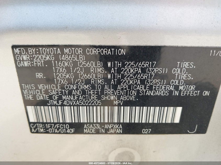 2010 Toyota Rav 4 VIN JTMJF4DVXA5022205 IAAI salvage auction — REAR END, Salvage - Greater Than 75% (Maryland), sold $2,800 on 2026-08-01 (photo 9)