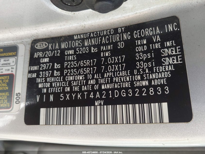 2013 Kia Sorento VIN 5XYKT4A21DG322833 IAAI salvage auction — NORMAL WEAR, Clear (Massachusetts), sold $1,000 on 2026-07-31 (photo 9)