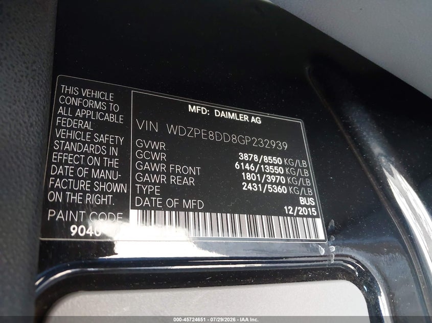 2016 Mercedes-benz Sprinter VIN WDZPE8DD8GP232939 IAAI salvage auction — FRONT END, Salvage Title, sold $6,500 on 2026-08-16 (photo 9)