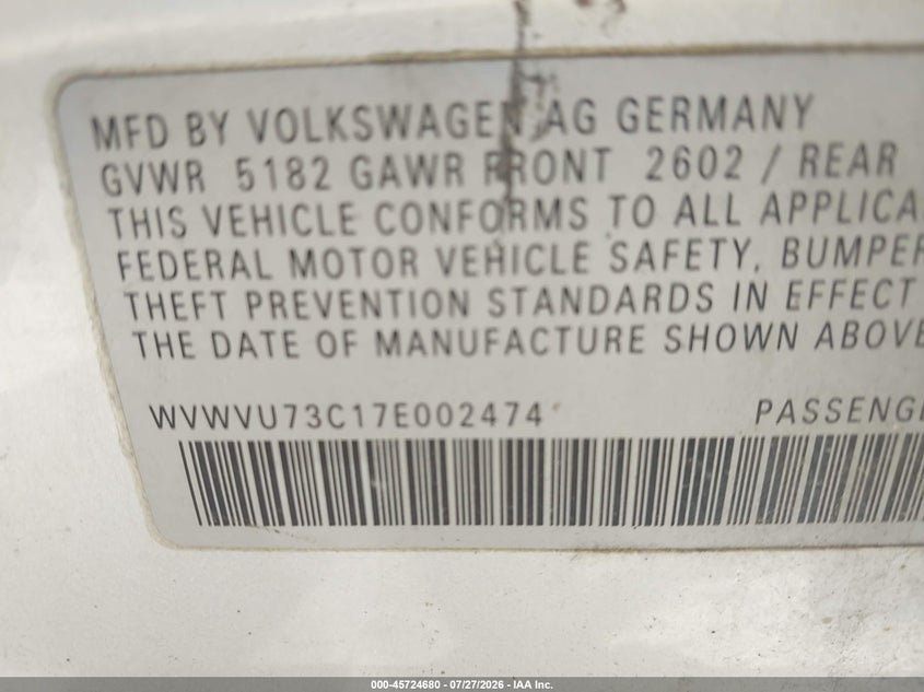 2007 Volkswagen Passat VIN WVWVU73C17E002474 IAAI salvage auction — NORMAL WEAR, Clear (New York), sold $250 on 2026-08-04 (photo 9)