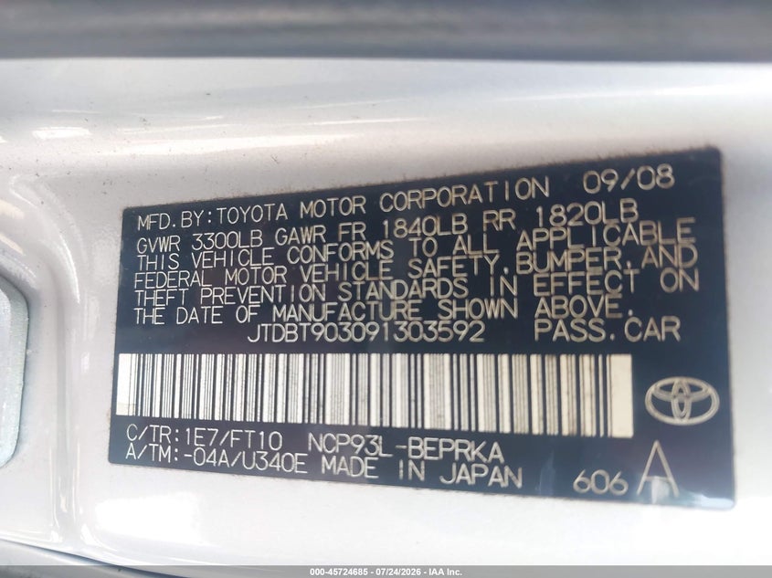 2009 Toyota Yaris VIN JTDBT903091303592 IAAI salvage auction — NORMAL WEAR, Clear (Maryland), sold $850 on 2026-07-28 (photo 9)