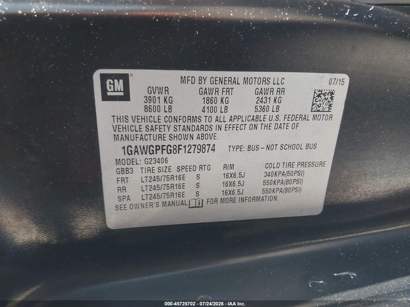 2015 Chevrolet Express 2500 VIN 1GAWGPFG8F1279874 IAAI salvage auction — NORMAL WEAR, SF97 (New Hampshire), sold $11,200 on 2026-08-20 (photo 9)
