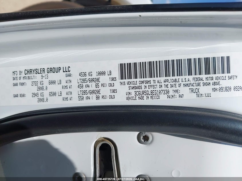 2014 Ram 2500 VIN 3C6UR5GL8EG107330 IAAI salvage auction — WATER/FLOOD, Wait Title, sold $16,950 on 2026-08-24 (photo 9)