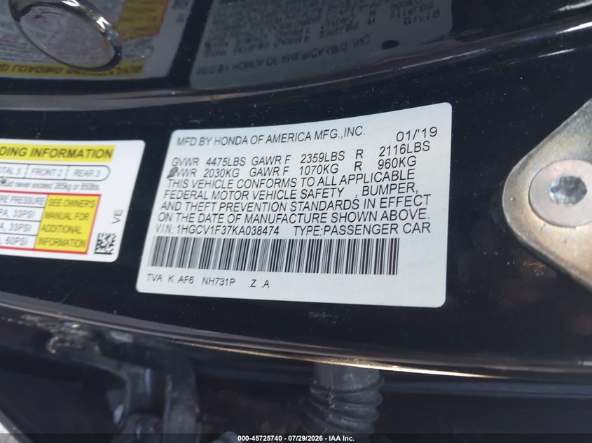 2019 Honda Accord VIN 1HGCV1F37KA038474 IAAI salvage auction — FRONT END, Wait Title, sold $1,850 on 2026-09-01 (photo 9)