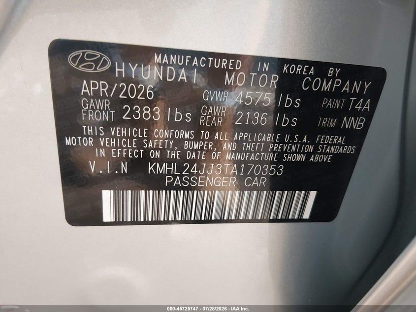 2026 Hyundai Sonata VIN KMHL24JJ3TA170353 IAAI salvage auction — REAR END, Enterprise Vehicles Clear Only (Virginia), sold $25 on 2026-07-30 (photo 9)