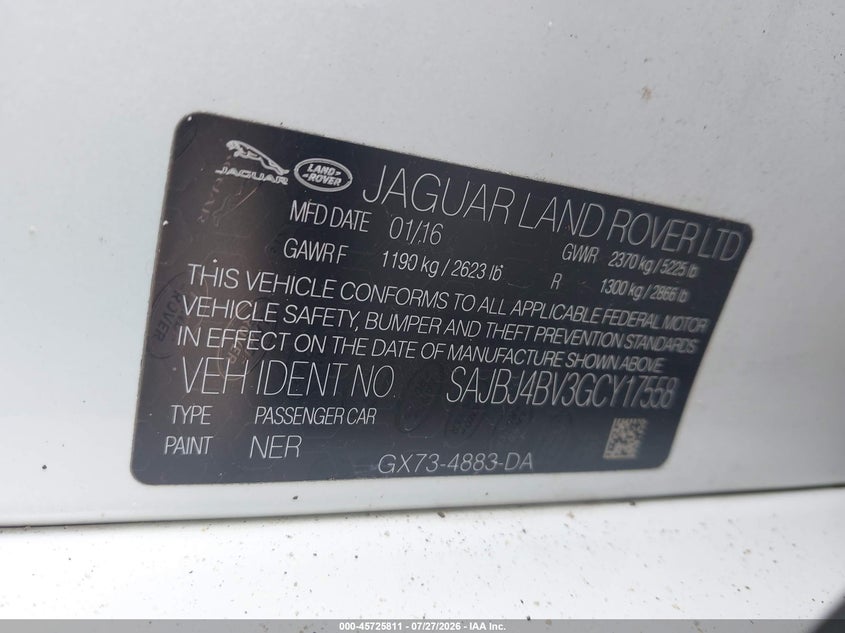 2016 Jaguar Xf VIN SAJBJ4BV3GCY17558 IAAI salvage auction — WATER/FLOOD, Wait Title, sold $1,450 on 2026-09-21 (photo 9)