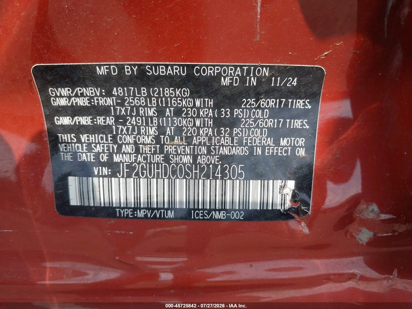 2025 Subaru Xv VIN JF2GUHDC0SH214305 IAAI salvage auction — SIDE, Wait Title, sold $7,000 on 2026-08-23 (photo 9)
