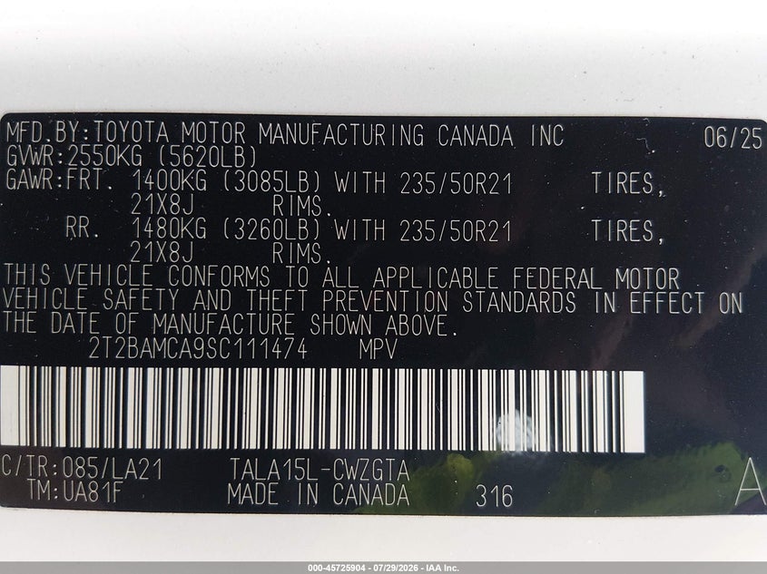 2025 Lexus Rx VIN 2T2BAMCA9SC111474 IAAI salvage auction — REAR END, Salvage Title, sold $32,200 on 2026-08-24 (photo 9)