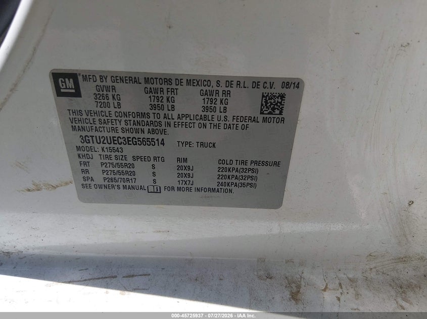 2014 Gmc SIERRA VIN 3GTU2UEC3EG565514 IAAI salvage auction — SIDE, Salvage (Louisiana), sold $1,200 on 2026-09-05 (photo 9)