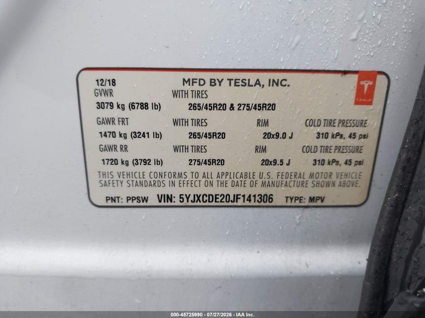 2018 Tesla Model x VIN 5YJXCDE20JF141306 IAAI salvage auction — LEFT & RIGHT, Clear (Georgia), sold $16,100 on 2026-08-19 (photo 9)
