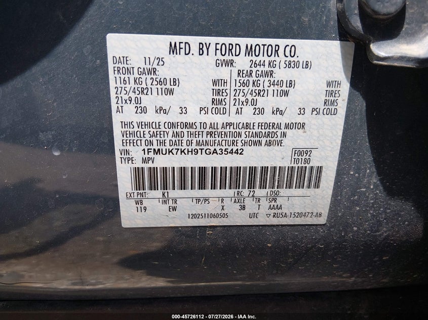 2026 Ford Explorer VIN 1FMUK7KH9TGA35442 IAAI salvage auction — SIDE, Enterprise Vehicles Clear Only (Texas), sold $8,600 on 2026-07-30 (photo 9)