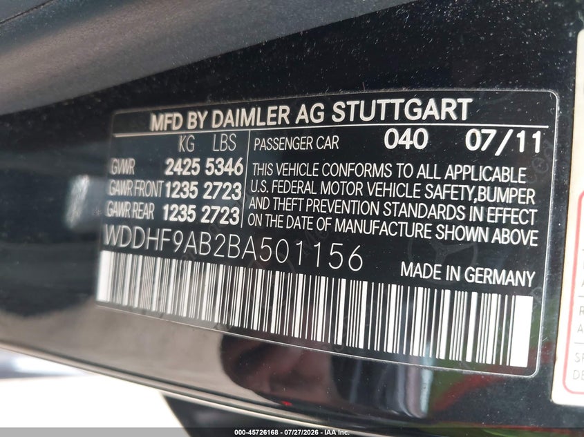 2011 Mercedes-benz E-class VIN WDDHF9AB2BA501156 IAAI salvage auction — NORMAL WEAR, Original (Ohio), sold $250 on 2026-08-13 (photo 9)