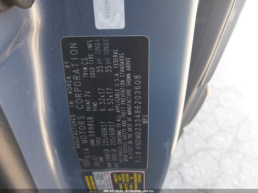 2008 Kia SEDONA VIN KNDMB233486203608 IAAI salvage auction — NORMAL WEAR, Clear (Pennsylvania), sold $475 on 2026-07-31 (photo 9)