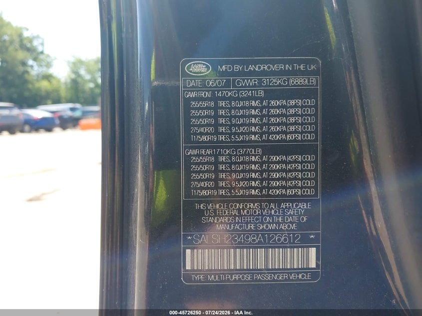 2008 Land rover Range rover sport VIN SALSH23498A126612 IAAI salvage auction — NO DAMAGE, Clear (Massachusetts), sold $25 on 2026-07-29 (photo 9)