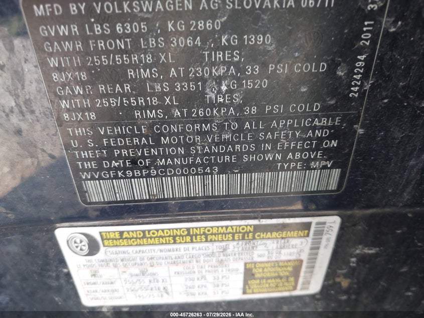 2012 Volkswagen Touareg VIN WVGFK9BP9CD000543 IAAI salvage auction — NORMAL WEAR, Clear (Illinois), sold $900 on 2026-08-04 (photo 9)