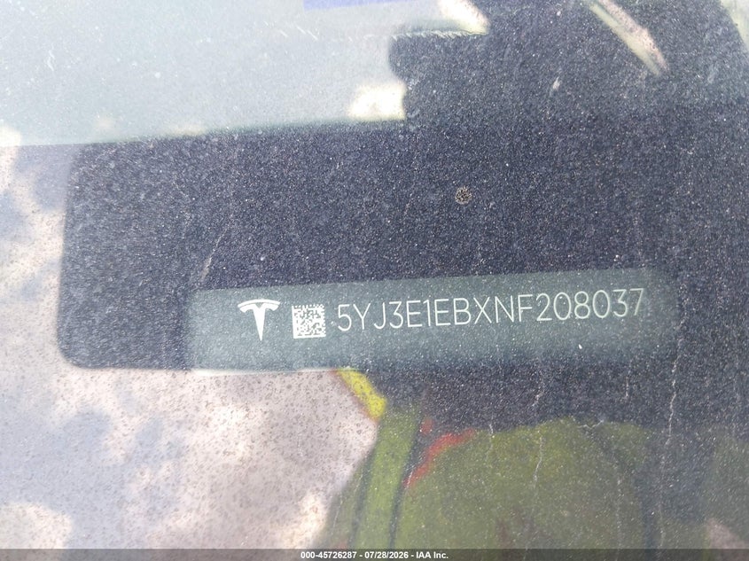 2022 Tesla Model 3 VIN 5YJ3E1EBXNF208037 IAAI salvage auction — ROLLOVER, Wait Title, sold $3,300 on 2026-09-02 (photo 9)