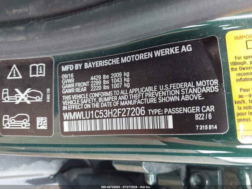 2017 Mini Clubman VIN WMWLU1C53H2F27206 IAAI salvage auction — SIDE, Salvage Title, sold $750 on 2026-08-25 (photo 9)