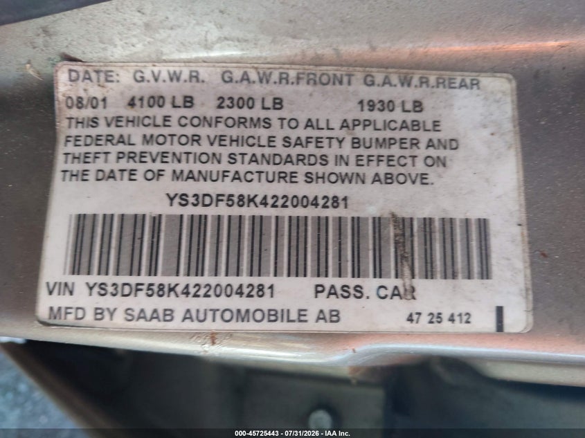 2002 Saab 9-3 VIN YS3DF58K422004281 IAAI salvage auction — NORMAL WEAR, Clear (New York), sold $25 on 2026-08-06 (photo 9)