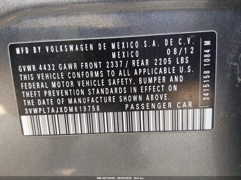 2013 Volkswagen Jetta VIN 3VWPL7AJXDM619758 IAAI salvage auction — REAR END, Clear (Oklahoma), sold $25 on 2026-08-09 (photo 9)
