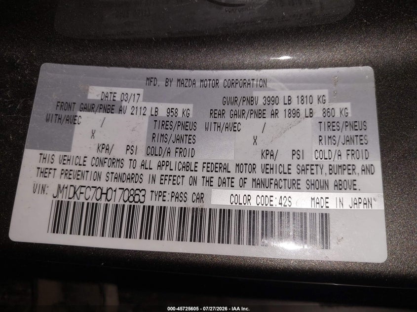 2017 Mazda Cx-3 VIN JM1DKFC70H0170863 IAAI salvage auction — FRONT END, Clear (Michigan), sold $725 on 2026-09-06 (photo 9)