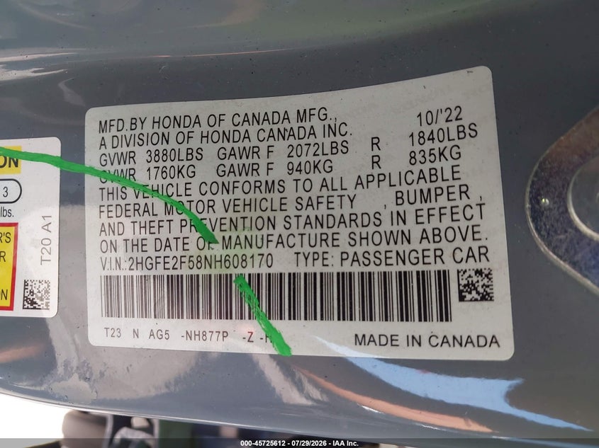2022 Honda Civic VIN 2HGFE2F58NH608170 IAAI salvage auction — SIDE, Salvage Title, sold $6,600 on 2026-08-07 (photo 9)