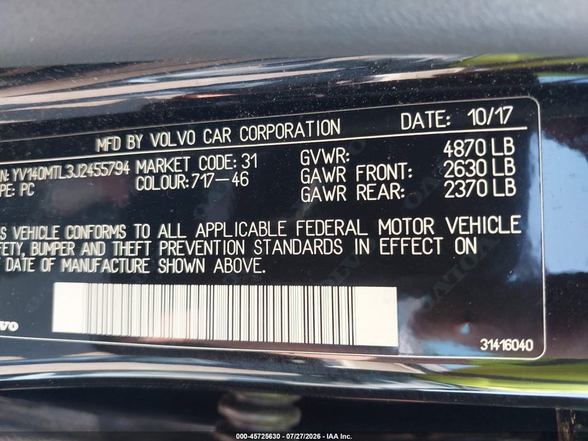 2018 Volvo S60 VIN YV140MTL3J2455794 IAAI salvage auction — RIGHT FRONT, Salvage (Massachusetts), sold $1,350 on 2026-08-14 (photo 9)