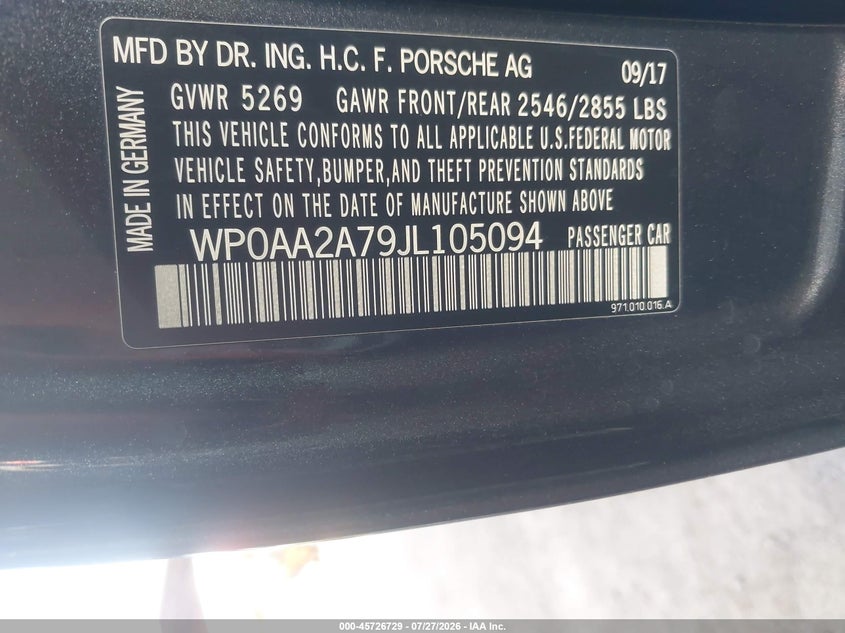 2018 Porsche Panamera VIN WP0AA2A79JL105094 IAAI salvage auction — UNKNOWN, Clear (Arizona), sold $16,600 on 2026-08-04 (photo 9)