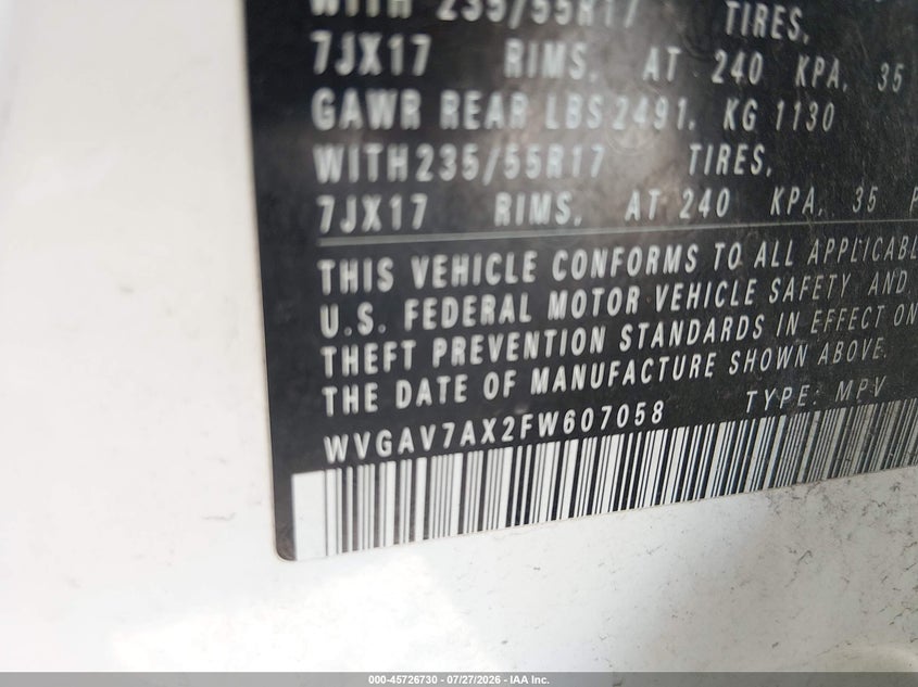 2015 Volkswagen Tiguan VIN WVGAV7AX2FW607058 IAAI salvage auction — NORMAL WEAR, Original (Texas), sold $1,300 on 2026-08-10 (photo 9)