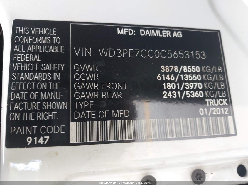 2012 Mercedes-benz Sprinter VIN WD3PE7CC0C5653153 IAAI salvage auction — NORMAL WEAR, Wait Title, sold $1,225 on 2026-08-03 (photo 9)