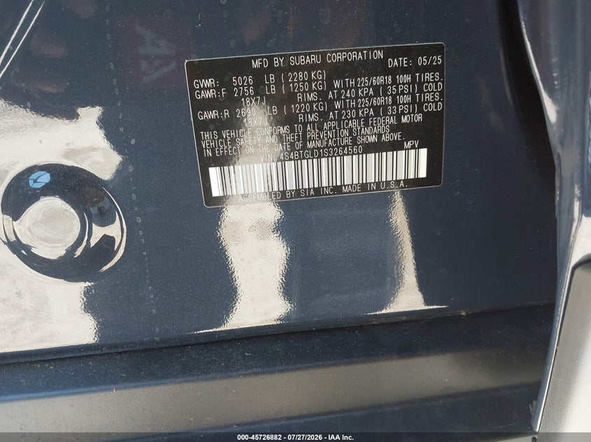 2025 Subaru Outback VIN 4S4BTGLD1S3264560 IAAI salvage auction — SIDE, Salvage Title, sold $14,200 on 2026-10-07 (photo 9)