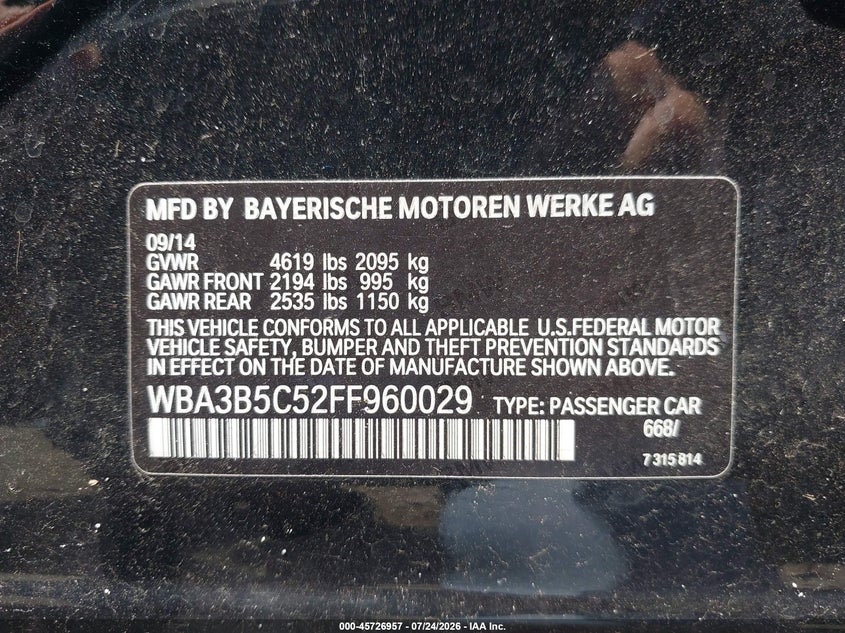 2015 BMW 3 series VIN WBA3B5C52FF960029 IAAI salvage auction — NORMAL WEAR, Clear (New Jersey), sold $1,500 on 2026-08-12 (photo 9)