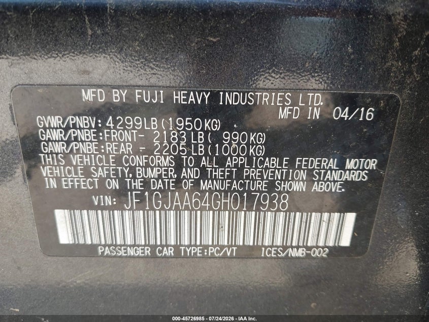 2016 Subaru Impreza VIN JF1GJAA64GH017938 IAAI salvage auction — SIDE, Salvage Title, sold $425 on 2026-07-31 (photo 9)