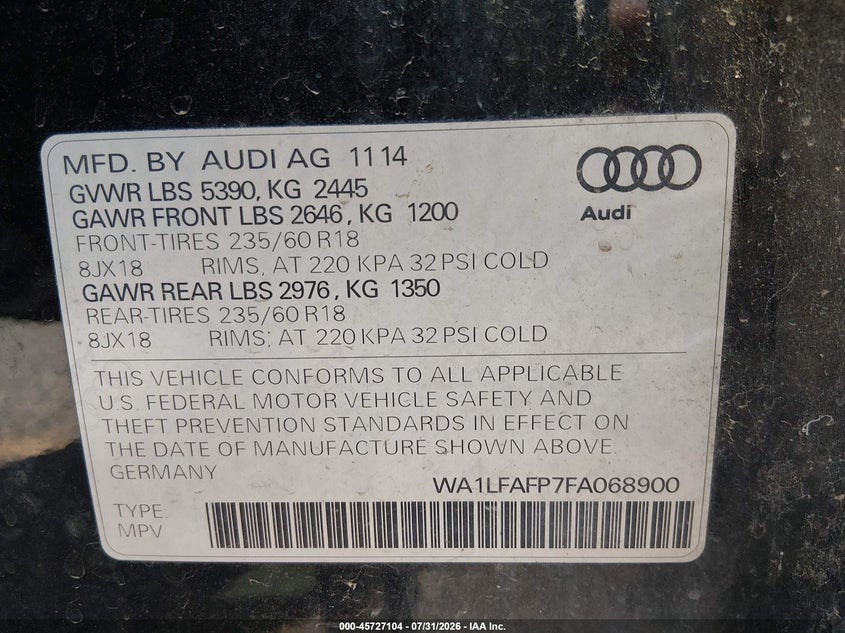 2015 Audi Q5 VIN WA1LFAFP7FA068900 IAAI salvage auction — LEFT SIDE, Salvage Title, sold $2,800 on 2026-09-02 (photo 9)
