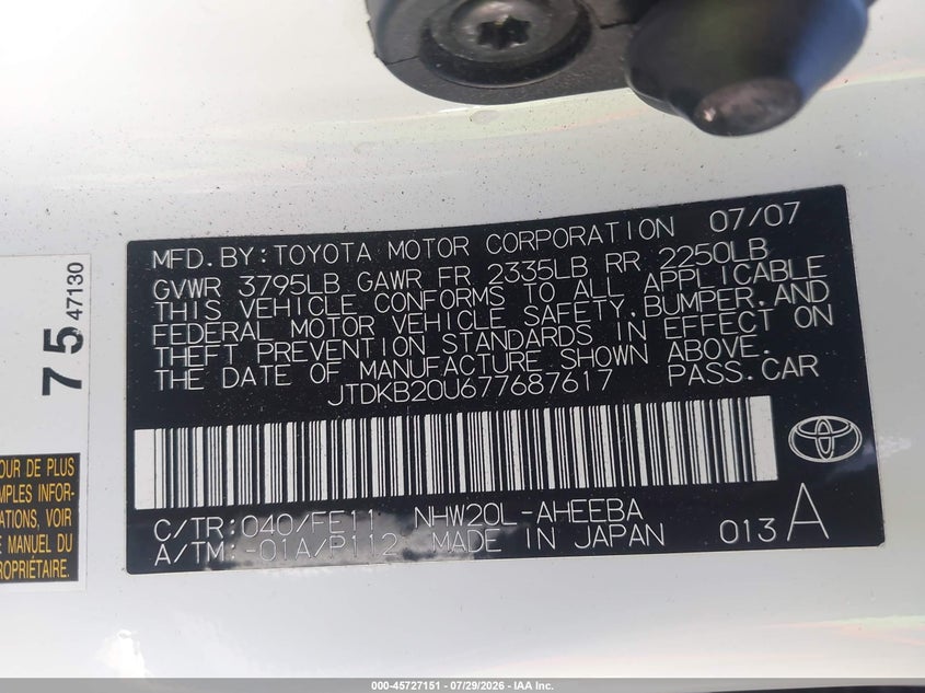 2007 Toyota Prius VIN JTDKB20U677687617 IAAI salvage auction — RIGHT FRONT, Salvage (California), sold $1,300 on 2026-08-02 (photo 9)
