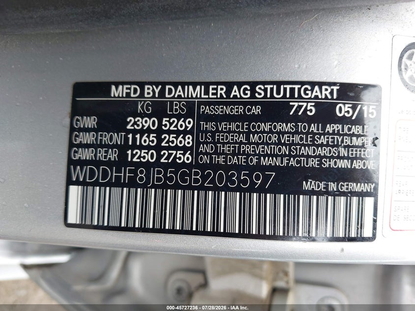 2016 Mercedes-benz E-klasse VIN WDDHF8JB5GB203597 IAAI salvage auction — FRONT END, Salvage Title, sold $4,350 on 2026-08-20 (photo 9)