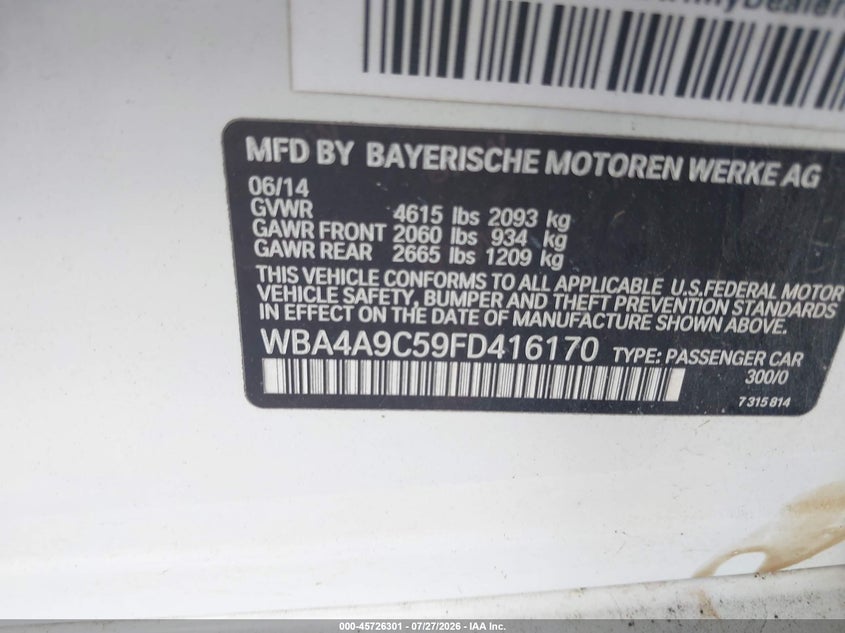 2015 BMW 4er VIN WBA4A9C59FD416170 IAAI salvage auction — MECHANICAL, Salvage Title, sold $2,375 on 2026-09-10 (photo 9)